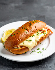 Tasty lobster sandwich with cheese and chives. Delicious snack. Fast food. Cooking and culinary