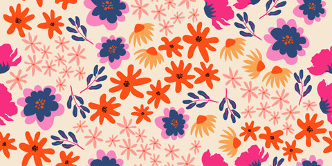 Exotic hand drawn flowers, seamless pattern, floral use for fabric, textile, apparel, wrapping paper, cover, banner, home decor, abstract background.