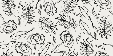 Line black and white abstract hand drawn flowers, floral seamless pattern for fabric, textile, apparel, poster, cover, banner, wall art, background. Vector illustration.