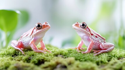 Naklejka premium Two small pink frogs sit facing each other on a vibrant green mossy surface against a soft blurred background.