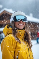 Woman smiling in yellow ski jacket wearing snow goggles during winter snowfall in snowy mountain landscape enjoying outdoor adventure and winter sports