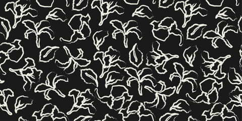 Black and white abstract hand drawn flowers, floral seamless pattern for fabric, textile, apparel, posters, covers, banners, wall art, backgrounds. Vector illustration.