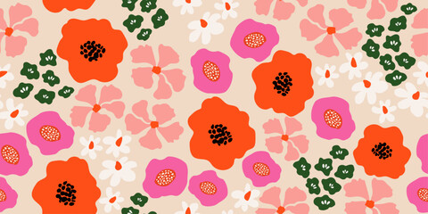 Exotic hand drawn flowers, seamless pattern, floral use for fabric, textile, apparel, wrapping paper, cover, banner, home decor, abstract background.