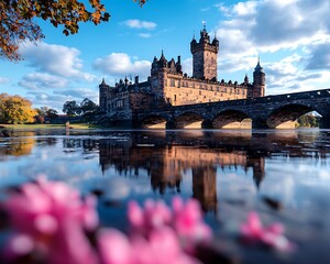 Fototapeta premium Castle reflected in tranquil river, autumn colors