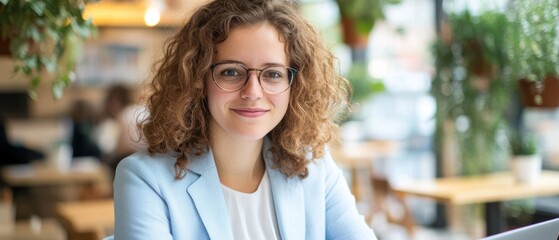 Woman smiling at cafe with laptop, working on business project, remote work concept, young professional, casual attire, modern workspace, productivity.