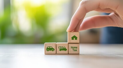Wooden blocks with eco-friendly icons for sustainable home choices.