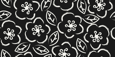 Black and white abstract hand drawn cherry blossom, floral seamless pattern for fabric, textile, apparel, poster, cover, banner, wall art, background.