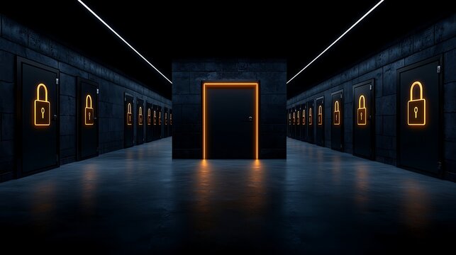 Mysterious hallway with glowing locked doors in a dark environment
