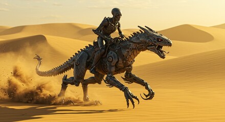 Fototapeta premium Robotic Rider on a Mechanical Beast Across a Desert Dune