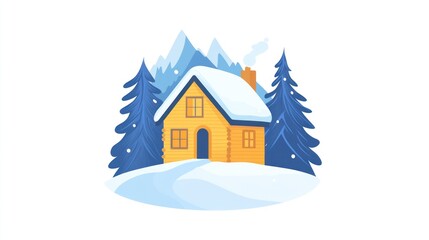 Winter Cabin in Snowy Mountains; Illustration