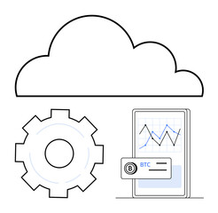 Cloud technology, gear for process automation, mobile device displaying crypto BTC transaction and graph. Ideal for fintech, data storage, digital economy, development, cryptocurrency, automation