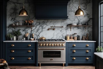 Modern kitchen design with navy blue cabinetry.