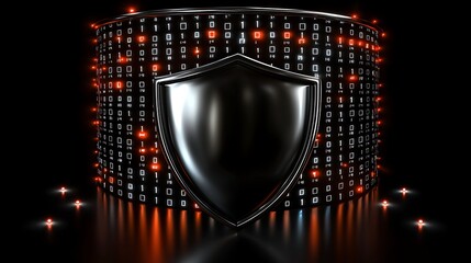 Cybersecurity Shield with Binary Code Background and Glowing Effects