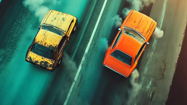High-angle view of two vintage cars drag racing on a highway