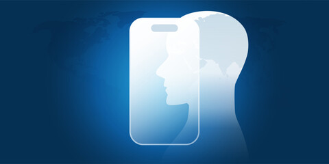 Blue and white futuristic concept of use AI on mobile devices. A human face silhouette emerges from a smartphone, symbolizing facial recognition techniques and artificial intelligence appliances.