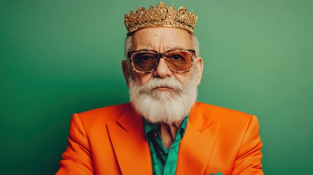 Portrait of funky eccentric grandfather golden crown wear orange suit isolated on green color background