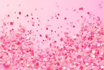 A Romantic Celebration Scene with Pink Background, Confetti and Hearts. Festive Atmosphere, Love and Party Elements.