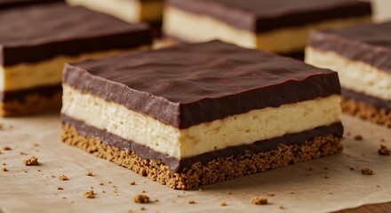 Ultra HD, hyper-realistic, 32K pixels, cinematic three-layer Nanaimo bar squares with glossy chocolate top on parchment paper side lit.