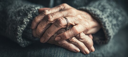 Fototapeta premium Parkinson disease patient, Alzheimer elderly senior, Arthritis person's hand in support of nursing family caregiver care for disability awareness day, National care givers month, aging society concept