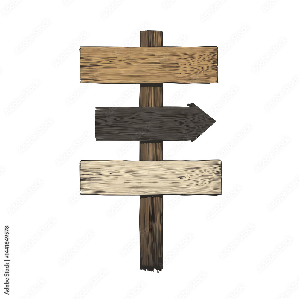 Aufkleber Wooden direction sign with three blank planks ready for individual text on an isolated transparent field