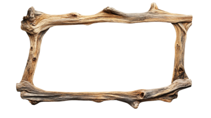 Unique driftwood frame isolated on transparent background, textured woodgrain surface, artistic presentation, neutral color palette
