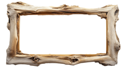Rustic driftwood picture frame crafted from aged wood, showcasing natural textures and unique grain patterns with transparent background