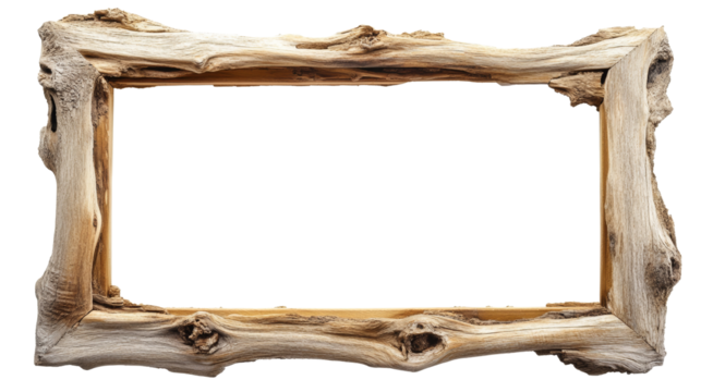 Rustic driftwood picture frame crafted from aged wood, showcasing natural textures and unique grain patterns with transparent background