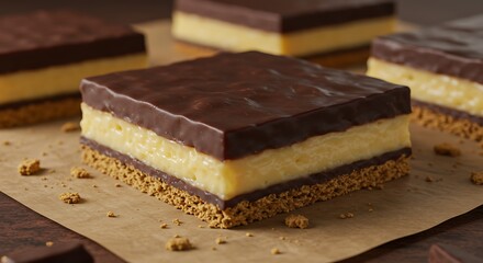 Ultra HD, hyper-realistic, 32K pixels, cinematic three-layer Nanaimo bar squares with glossy chocolate top on parchment paper side lit.