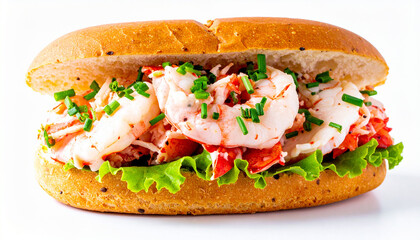 Tasty lobster sandwich with cheese and chives on white backdrop. Delicious snack. Fast food.