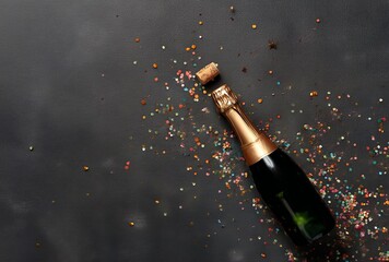 Fototapeta premium Champagne bottle with colorful confetti on dark background, flat lay top view composition symbolizing celebration, luxury, festivity, and party atmosphere with copy space