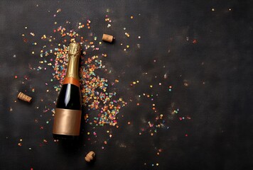 Fototapeta premium Champagne bottle with colorful confetti on dark background, flat lay top view composition symbolizing celebration, luxury, festivity, and party atmosphere with copy space
