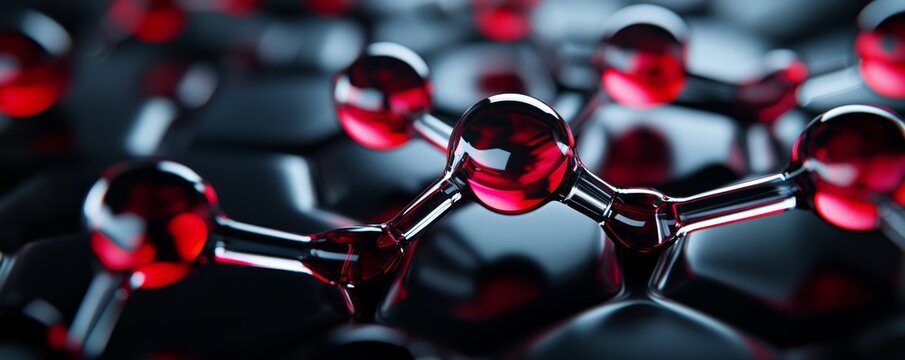 Close-up of red molecules on a dark background representing molecular structure.