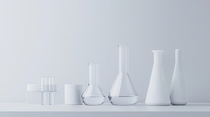 Collection of elegant laboratory glassware on minimalistic white background.
