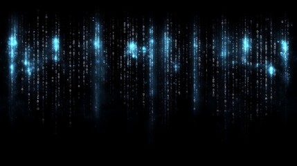 Digital Matrix Stream in Blue on Black Background with Binary Codes