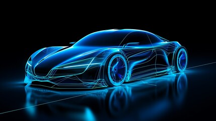 Fototapeta premium Glowing futuristic sports car front view with digital wireframe and lights 