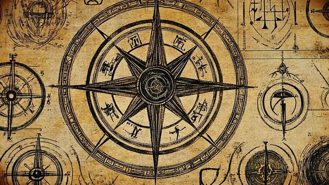 Vintage compass designs on aged parchment