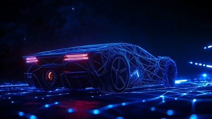 Futuristic glowing sports car rear view with digital wireframe design 