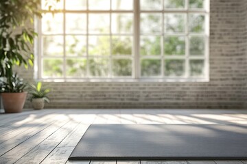 Yoga Mat in Bright Room with Plants and Window