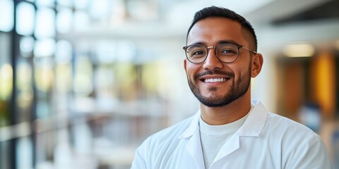 Obraz premium Portrait Of Confident Young Male Doctor Smiling In Modern Hospital Environment., Healthcare Concept.