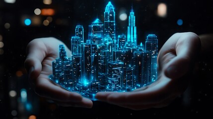 Fototapeta premium Hands holding digital smart city with glowing buildings and futuristic lights 
