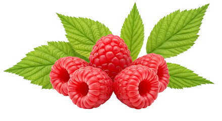 stack of fresh raspberries with leaves isolated on white or transparent png