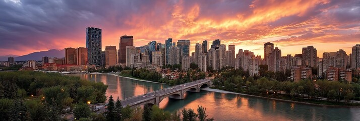 Calgary Skyline Sunset Over the Bow River, Aerial View, Cityscape, Tourist Attraction