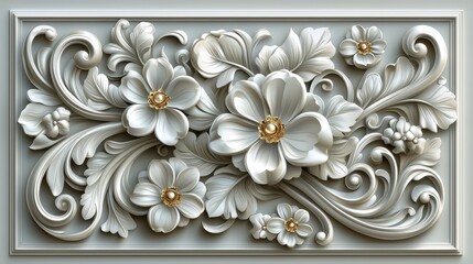 A delicate white flower adorned with gold accents against an opulent rococo floral wallpaper pattern background