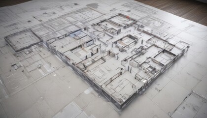 Blueprint effect overlay on architectural floor plan, digital template , property, project, interior