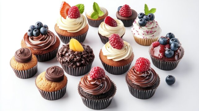 Assortment of delicious cupcakes with various toppings