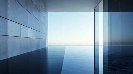 Obraz premium Modern interior showcasing clean lines and expansive glass with a serene ocean view.