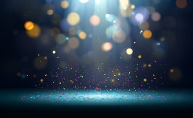 Smart stage background with bokeh lights and colorful confetti falling on dark blue, vector illustration