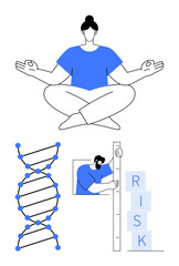 Person meditating for mental clarity, DNA strand symbolizing science, figure measuring risk with a scale. Ideal for wellness, genetics, mindfulness, balance, research, strategy simple landing page