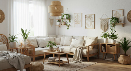 Bright living room showcases bohemian decor with plants and natural light indoors