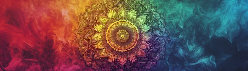 Colorful lotus flower mandala design with vibrant rainbow smoke background.